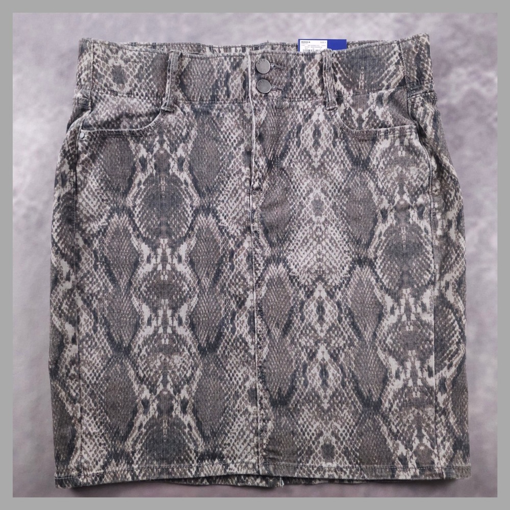 NWT Boho Chic Snakeskin Denim Mini Skirt Python‎ Print Tummy Control Womens 8